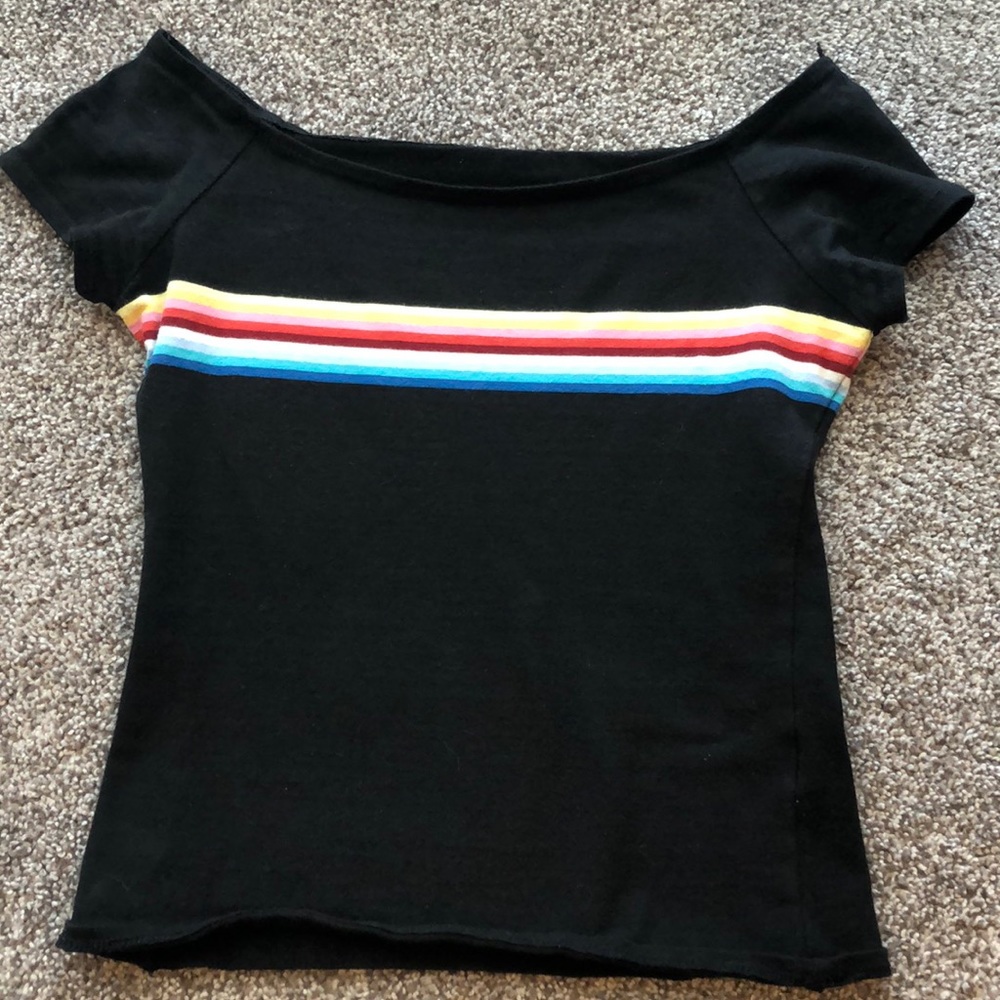 Off-the-shoulder rainbow stripe top